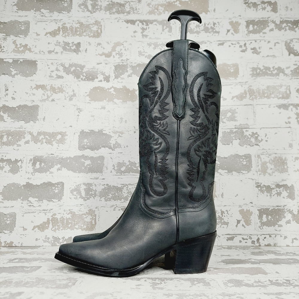 NEW Jeffrey Campbell Dagget Black Leather Embroidered Western Boots W683